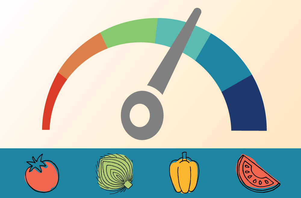 Illustration of fuel gauge and healthy foods
